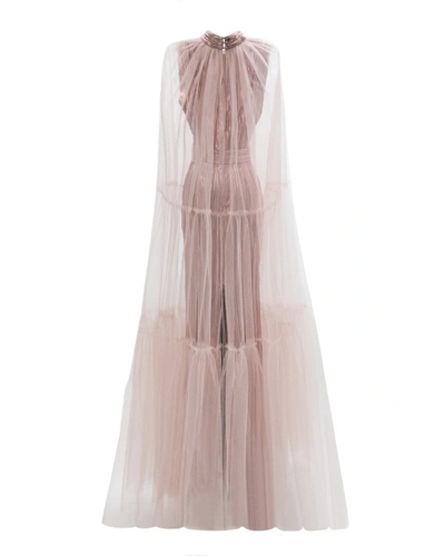 Gemy Maalouf Slim Caped Blush Dress - Long Dresses In Pink
