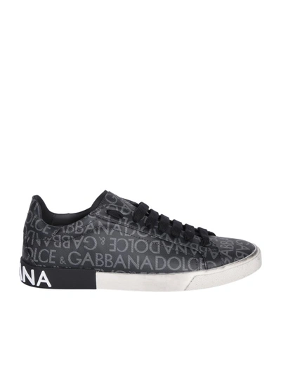 Dolce & Gabbana Signature Portofino Sneakers With All-over Logo In Grey
