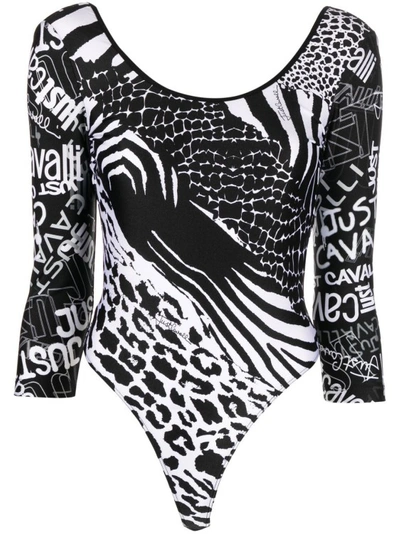 Just Cavalli Graphic Logo And Animal Print Bodysuit In Black