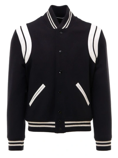 SAINT LAURENT TEDDY WOOL JACKET WITH LEATHER PROFILES