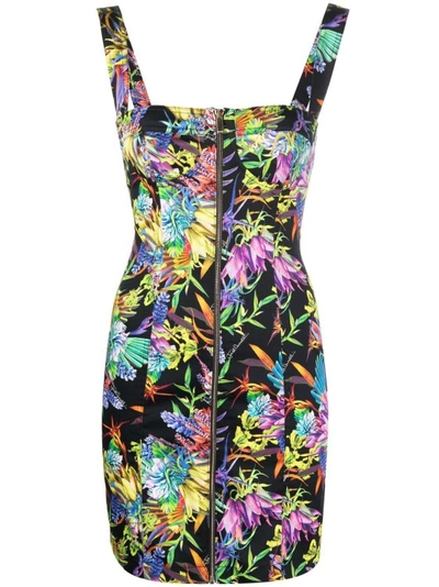 Just Cavalli Floral Graphic Print Zip-front Dress In Multicolor