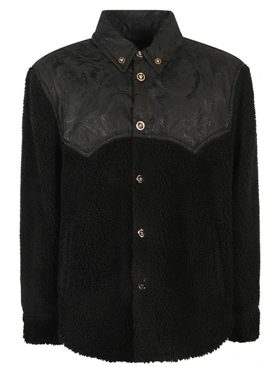 Versace Medusa Panelled Faux-shearling Jacket In Black