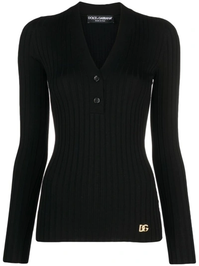 Dolce & Gabbana Black Ribbed V-neck Sweater