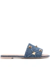Valentino Roman Stud Denim Slide Sandals In Blue