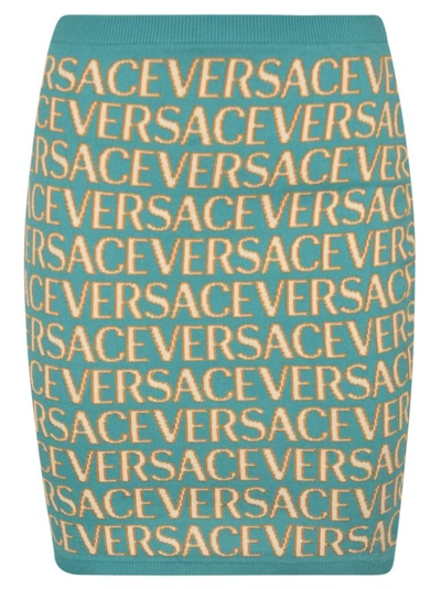 Versace Allover Logo-jacquard Miniskirt In Turquoise