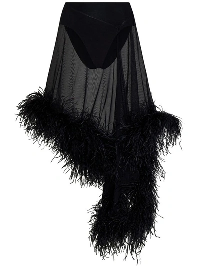 Attico Miya Feather-trimmed Asymmetric Skirt In Black