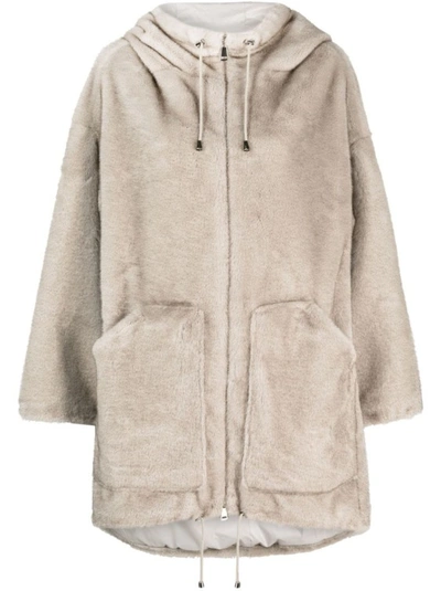 P.a.r.o.s.h Zipped-up Shearling Hooded Coat In Grey