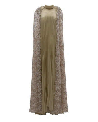 Gemy Maalouf Pleated Dress With Embroidered Cape - Long Dresses In Brown