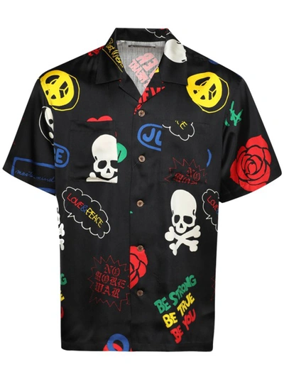 Mastermind Japan Camp-collar Printed Silk-satin Shirt In Black