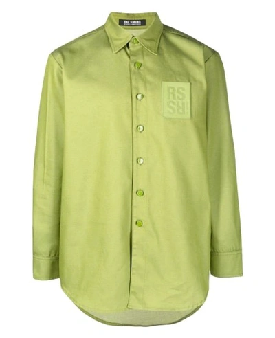Raf Simons Leather Patch Slim Fit Denim Shirt In Green
