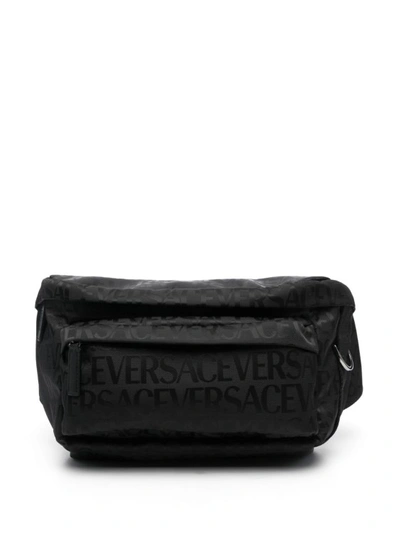 Versace All Over Logo Nylon Belt Bag In Black