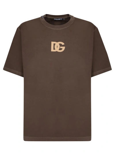 Dolce & Gabbana Cotton T-shirt With Logo Print In Brown