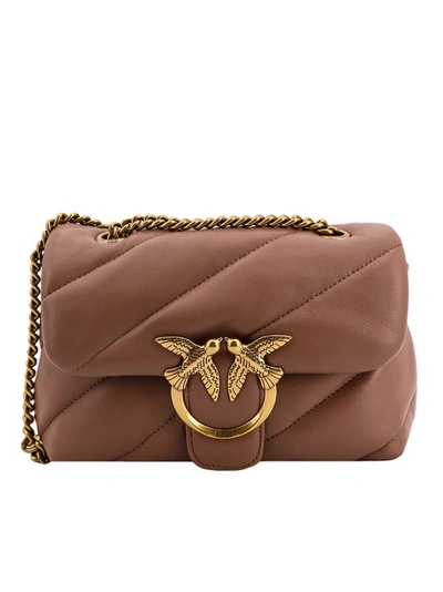 Pinko Matelassé Leather Shoulder Bag With Iconic Love Birds Buckle In Brown