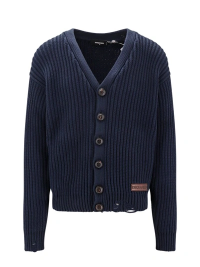 Dsquared2 Cotton Blend Cardigan With Ribbed Motif In Blue