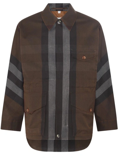 Burberry Waxed Check Print Zip Up Casual Jacket In Brown