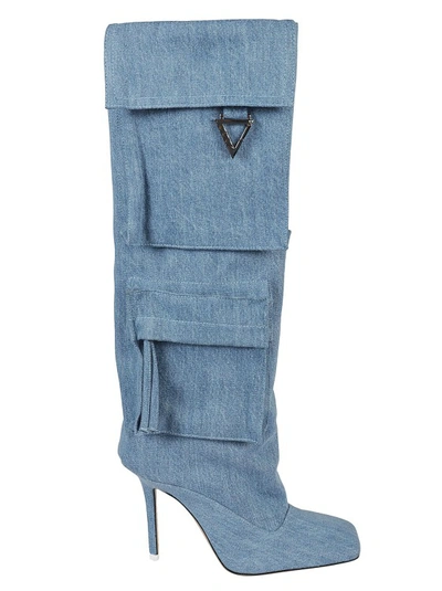 Attico Sienna High Heels Boots In Cyan Cotton In Denim Washed