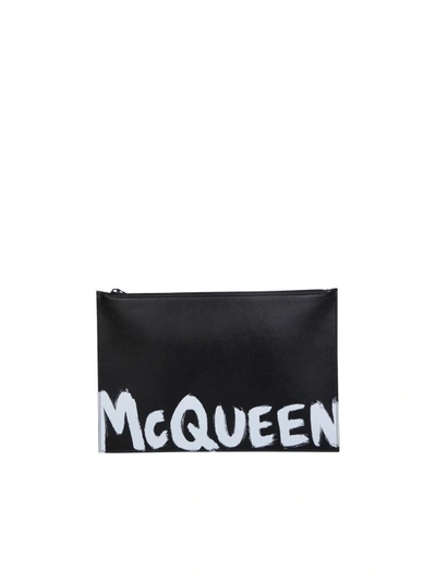 Alexander Mcqueen Practical And Functional Leather Clutch Bag With Logo In Black