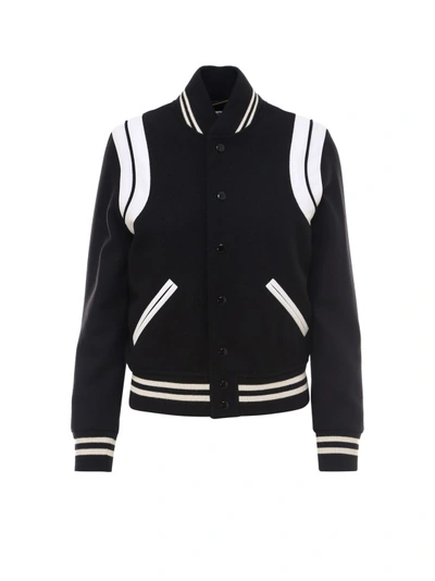 SAINT LAURENT TEDDY WOOL JACKET WITH LEATHER PROFILES