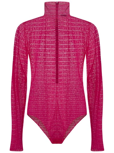 GIVENCHY FUCHSIA LONG-SLEEVED TRANSPARENT LACE BODYSUIT