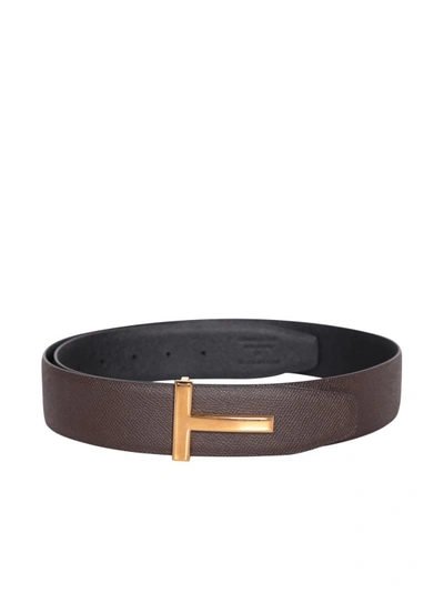 Tom Ford Leather Logo Plaque Belt In Green