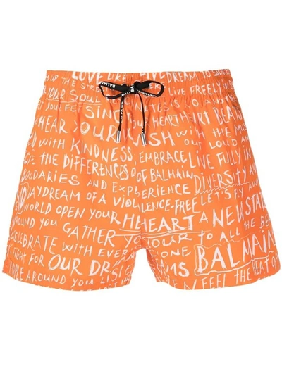 Balmain 标语印花泳裤 In Orange