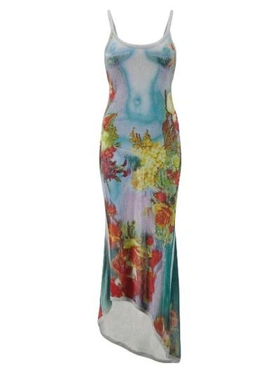 Jean Paul Gaultier Flowers Printed Body Long Dress In Blue