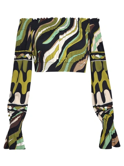 Pucci Long Sleeve Blouse In Black And Khaki