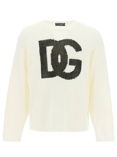 Dolce & Gabbana Round-neck Linen Sweater With Dg Logo In White