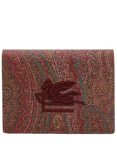 Etro Embroidered Pegaso Logo Paisley Fabric Wallet In Brown
