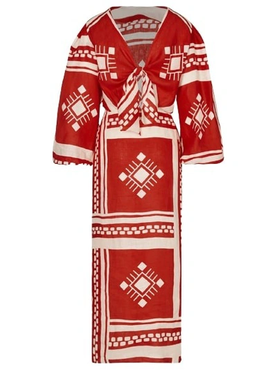 Johanna Ortiz Sun Goddess Geometric-print Linen Maxi Dress In Red