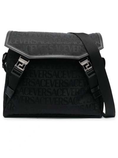 Versace Logo Monogram Shoulder Bag In Black