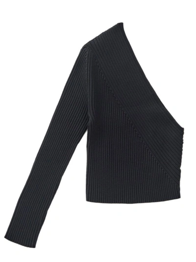 Aeron Asymmetric Neck Ribbed-knit Top In Black