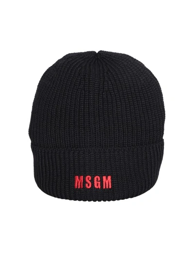 MSGM BLACK SIGNATURE BEANIE HAT WITH EMBROIDERED LOGO
