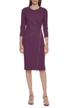 Calvin Klein Ruched Zipper Sheath Dress In Aubergine