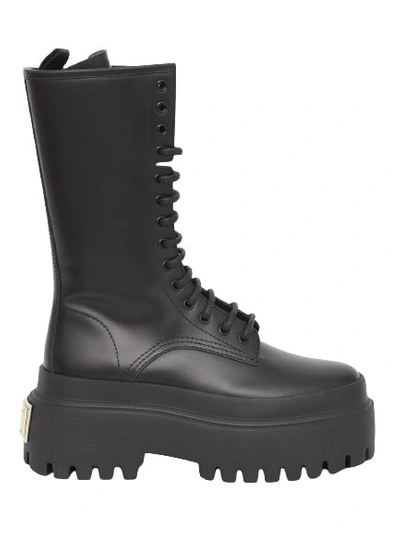 Dolce & Gabbana Leather Platform Combat Boots In Black