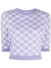 Alessandra Rich Check-pattern Rhinestone-embellished Knitted Top In Purple