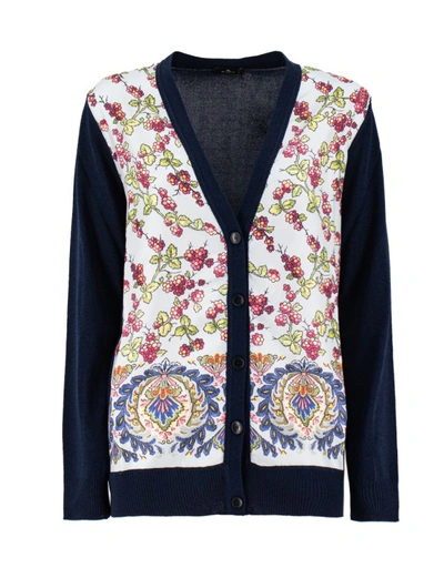 Etro Berry-print Silk Panel Cardigan In Blue