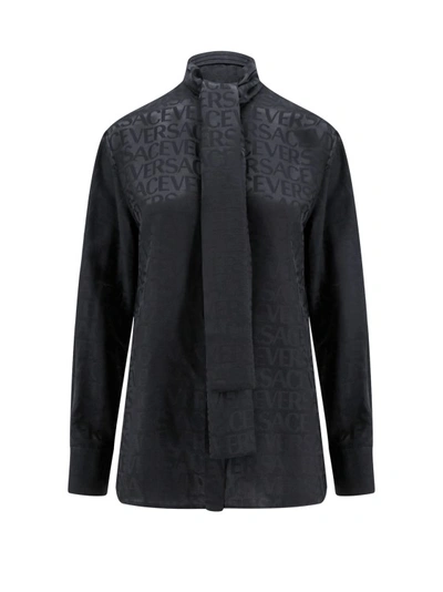 VERSACE VISCOSE AND SILK SHIRT WITH ALL-OVER LOGO