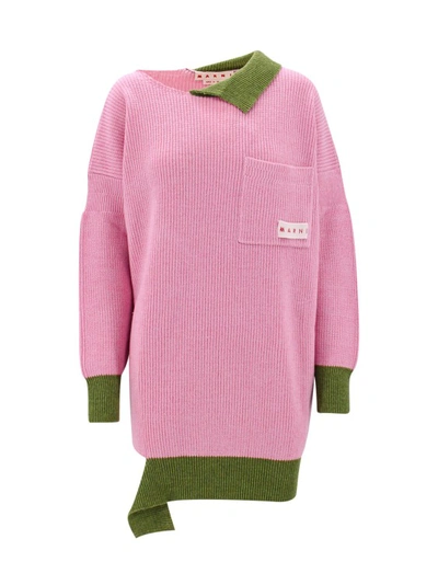 Marni Asymmetric Raw-edge Ribbed Jumper In Pink