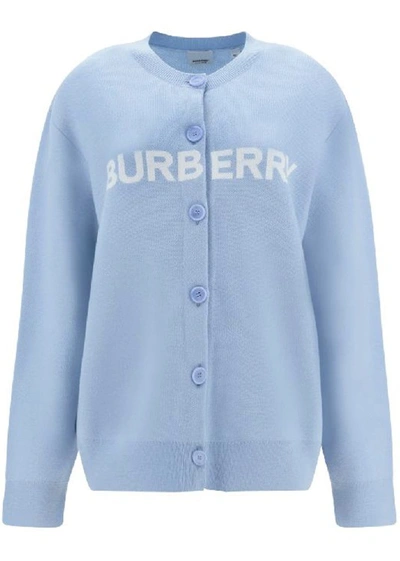 Burberry Logo Wool Cotton Jacquard Oversized Cardigan In Pale Blue