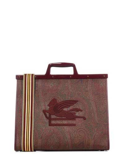 Etro Medium Red Paisley Jacquard Canvas Shopping Bag In Brown