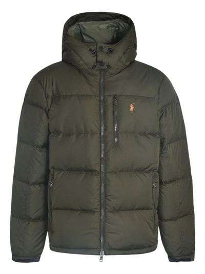 Polo Ralph Lauren Green Down Jacket With Fixed Hood And Embroidered Pony Logo On Chest In Tech Fabric Man In Gray