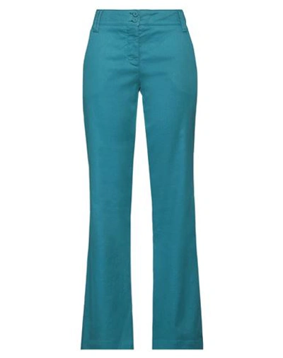 120% Lino Woman Pants Turquoise Size 4 Linen, Cotton, Elastane In Blue