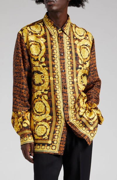 Versace Men's Baroccodile Silk Twill Sport Shirt In Brown