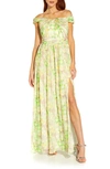Adrianna Papell Off-the-shoulder Chiffon Gown In Mint Multi