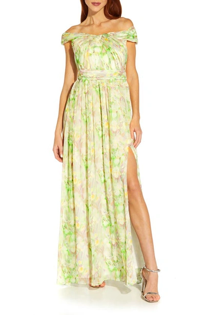 Adrianna Papell Off-the-shoulder Chiffon Gown In Mint Multi