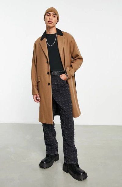 Topman Unlined Over Coat With Color Block In Stone And Black-multi