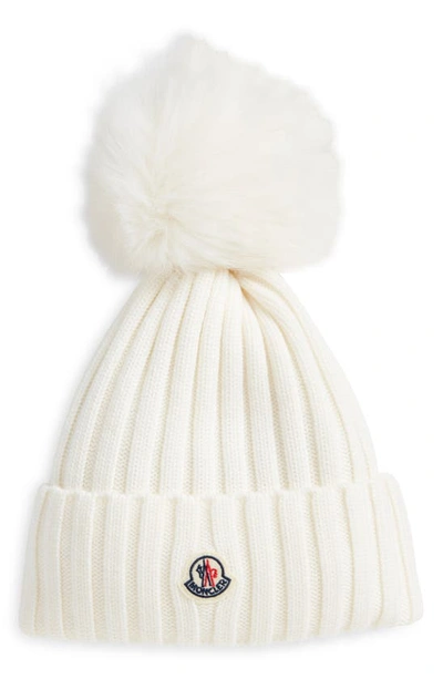 MONCLER MONCLER VIRGIN WOOL RIB BEANIE WITH FAUX FUR POMPOM