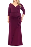 Xscape Ruched Scuba Ruffle Gown In Wine