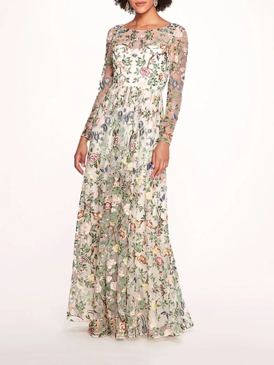 Marchesa Botanical Embroidered Gown In Ivory Multi